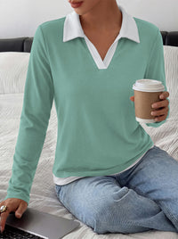 PRETTYGARDEN Womens Casual Polo T-Shirt Color Block Layered Tops | Contrast Collared V Neck Tops, Soft Double Layer T Shirts for Women, Casual Tops for Women, Trendy Fall Outfits 2026