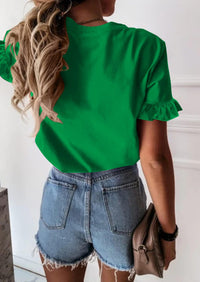 PRETTYGARDEN Women's Short Sleeve Casual T Shirts Summer Ruffle Plain Round Neck Loose Fit Tee Blouse Tops