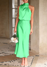 PRETTYGARDEN Women's Summer Satin Dress Elegant Sleeveless Mock Neck Cocktail Party Maxi Dresses