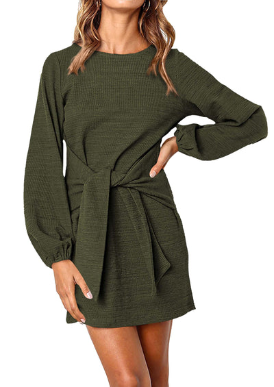 PRETTYGARDEN Womens Fall Elegant Long Lantern Sleeve Short Dress Wedding Guest Crewneck Tie Waist Knit Cocktail Dresses PRETTYGARDEN