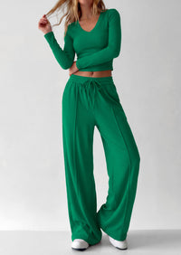 PRETTYGARDEN Women's 2 Piece Lounge Sets Matching Clothing  | V Neck Long Sleeve , Wide Leg Pants Pockets, Airport Travel Outfits, Soft Ribbed Knit, Drawstring Waist, Fall Resort Wear