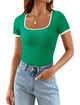 Summer Casual Short Sleeve Ribbed Knit Square Neck Color Block Slim Fit Basic Crop Tops