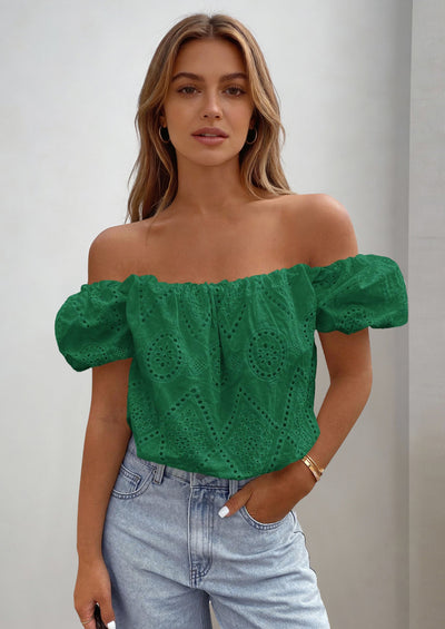 PRETTYGARDEN Women's Summer Off The Shoulder Tops Dressy Casual Puff Short Sleeve Embroidered Eyelet Cute Blouse Shirts PRETTYGARDEN