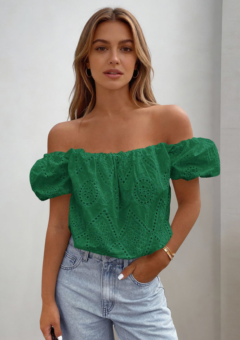 PRETTYGARDEN Women's Summer Off The Shoulder Tops Dressy Casual Puff Short Sleeve Embroidered Eyelet Cute Blouse Shirts PRETTYGARDEN