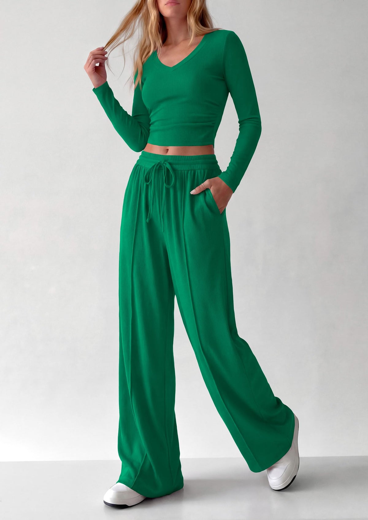 PRETTYGARDEN Women's 2 Piece Lounge Sets Matching Clothing  | V Neck Long Sleeve , Wide Leg Pants Pockets, Airport Travel Outfits, Soft Ribbed Knit, Drawstring Waist, Fall Resort Wear