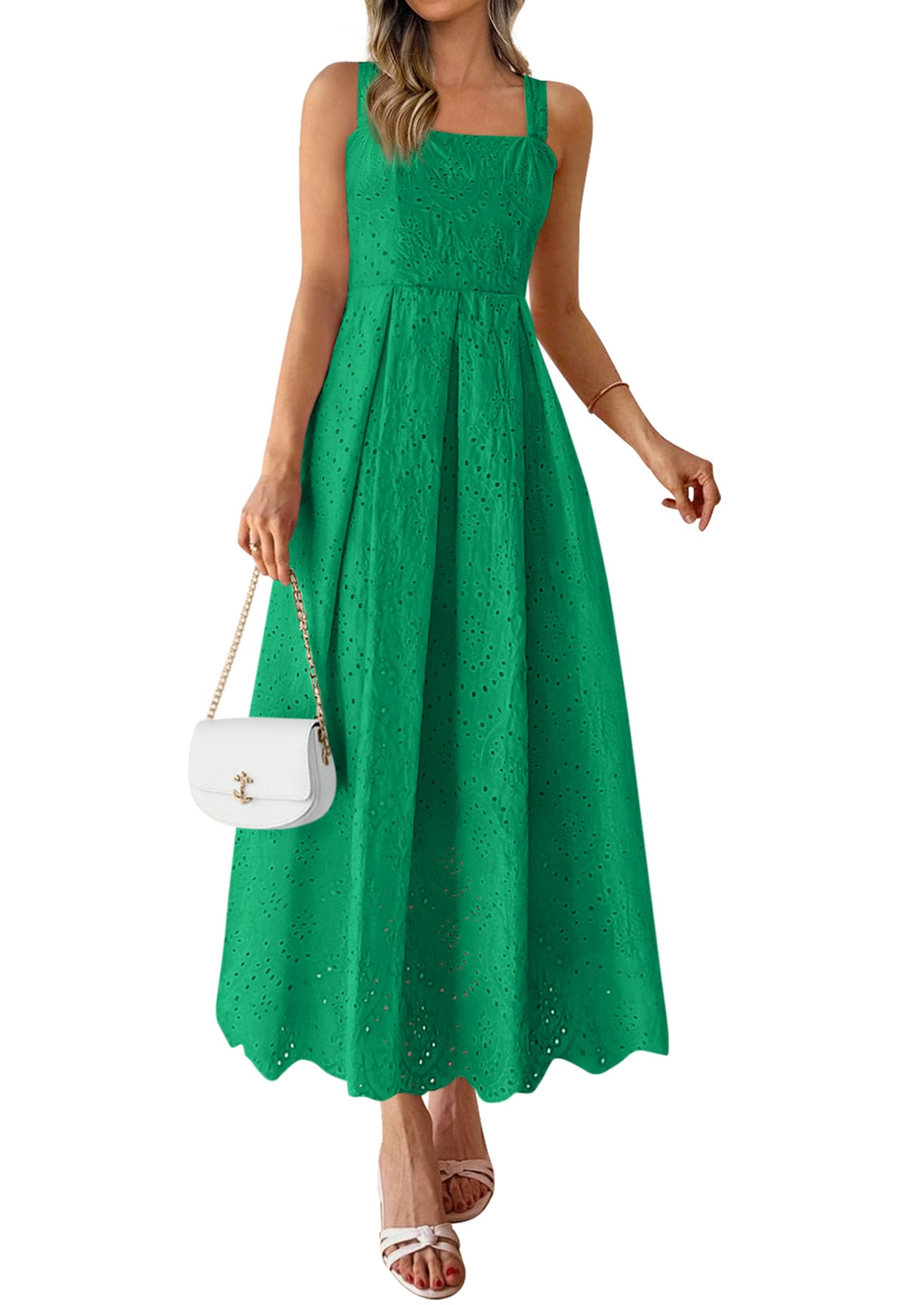 PRETTYGARDEN Womens Sleeveless Maxi Summer Dresses Hollow Out Eyelet Square Neck Ruffle Flowy Beach Vacation Sundress PRETTYGARDEN