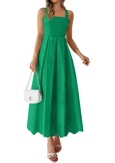 PRETTYGARDEN Womens Sleeveless Maxi Summer Dresses Hollow Out Eyelet Square Neck Ruffle Flowy Beach Vacation Sundress PRETTYGARDEN