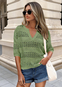 PRETTYGARDEN Womens Crochet Tops Casual Cotton Hollow Out Knit Short Sleeve Oversized Sweater for Women Summer Beach Cover Up PRETTYGARDEN