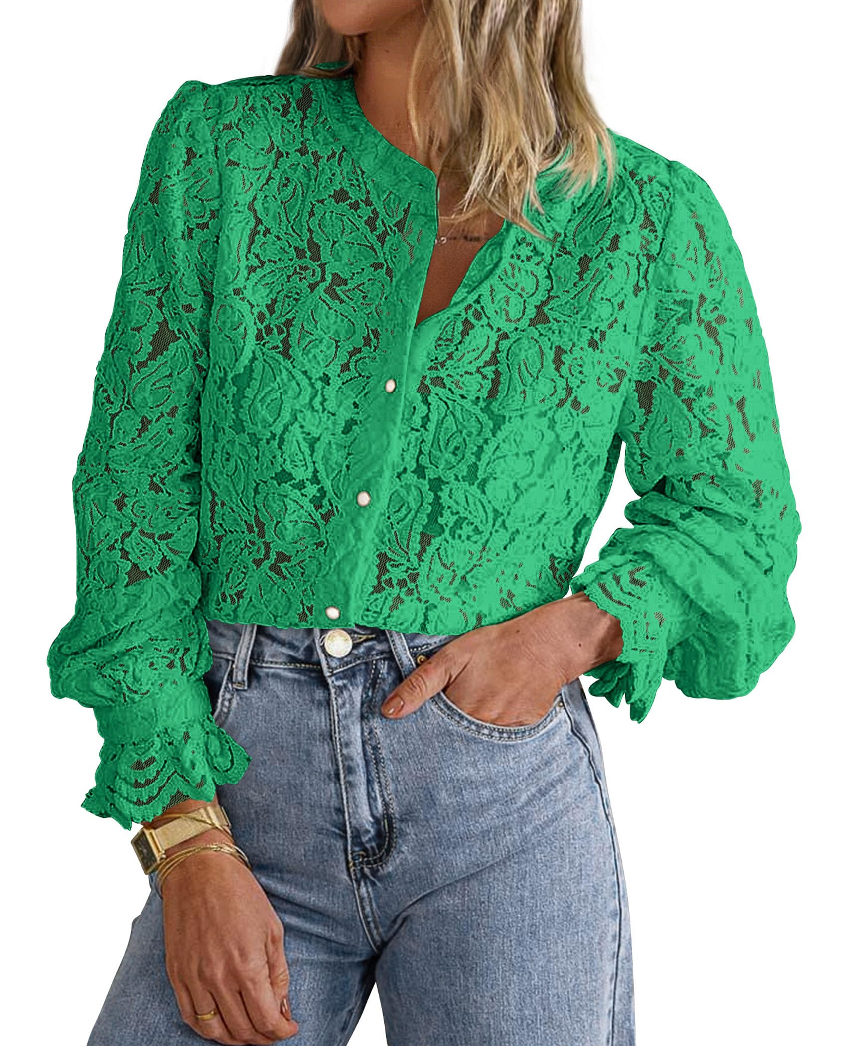 PRETTYGARDEN Women's Dressy Casual Lace Blouse Long Sleeve Button Up Shirts Tops Spring Fall Fashion Clothes