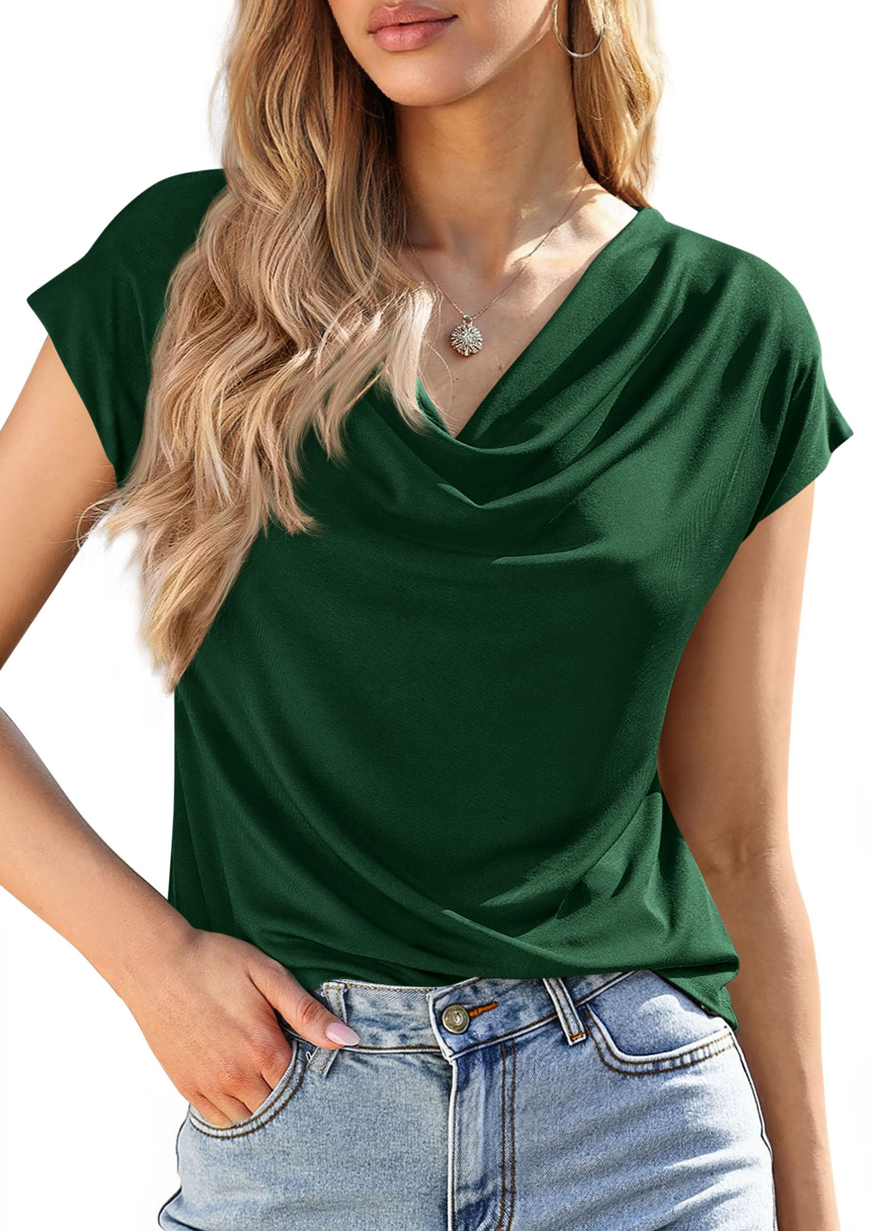 PRETTYGARDEN Blouses for Women Dressy Casual 2026 Summer Cowl Neck Short Sleeve Tops Spring Work Office Teacher Shirts PRETTYGARDEN