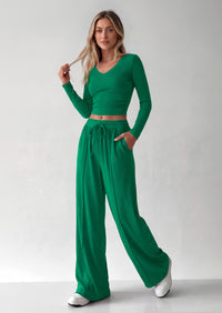 PRETTYGARDEN Women's 2 Piece Lounge Sets Matching Clothing  | V Neck Long Sleeve , Wide Leg Pants Pockets, Airport Travel Outfits, Soft Ribbed Knit, Drawstring Waist, Fall Resort Wear