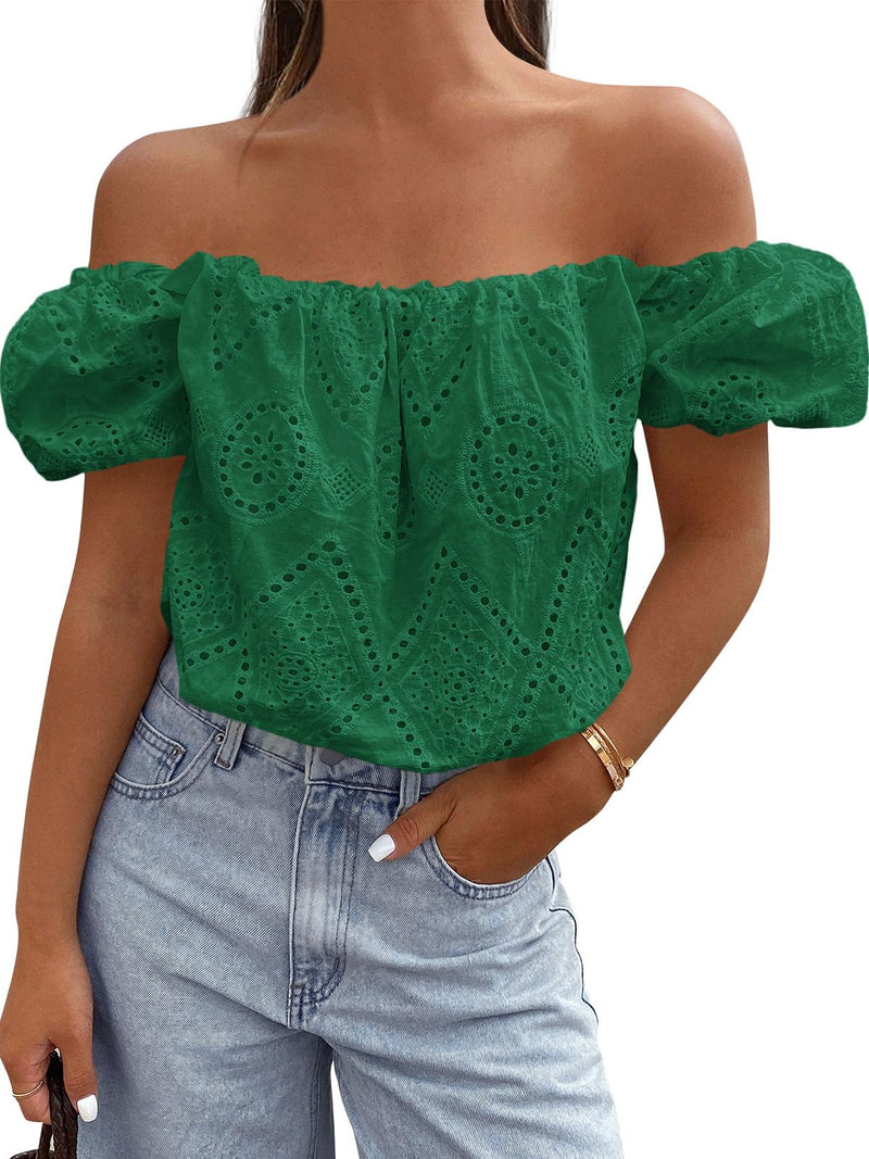 PRETTYGARDEN Women's Summer Off The Shoulder Tops Dressy Casual Puff Short Sleeve Embroidered Eyelet Cute Blouse Shirts PRETTYGARDEN
