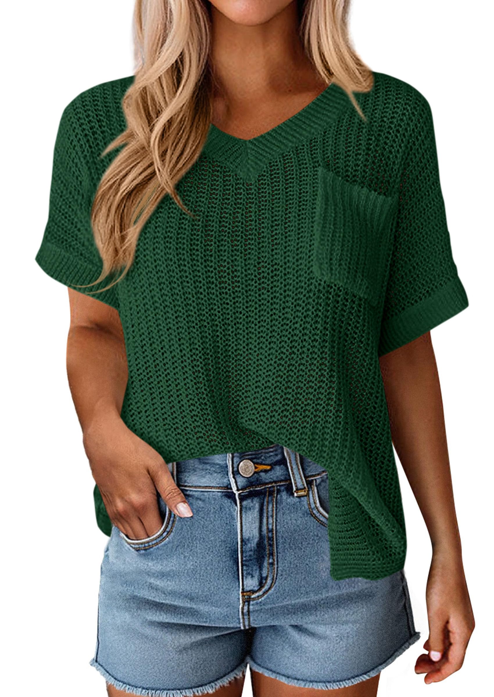 PRETTYGARDEN Women's Spring Short Sleeve Sweaters Lightweight V Neck Casual Going Out Summer T PRETTYGARDEN