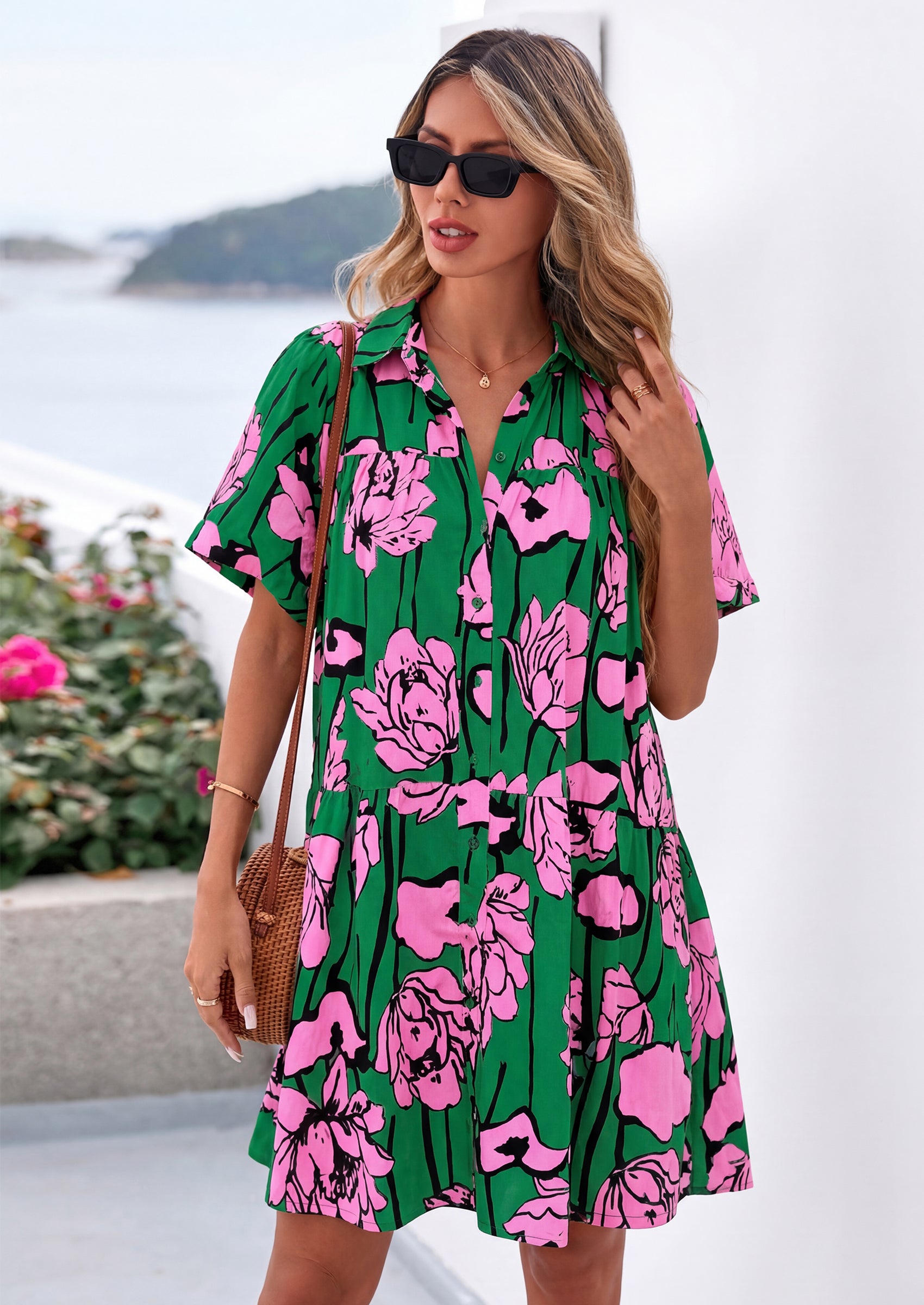 PRETTYGARDEN Womens Summer Dresses Casual Puff Sleeve Button Down Mini Shirt Dress Boho Floral Babydoll Sun Dress
