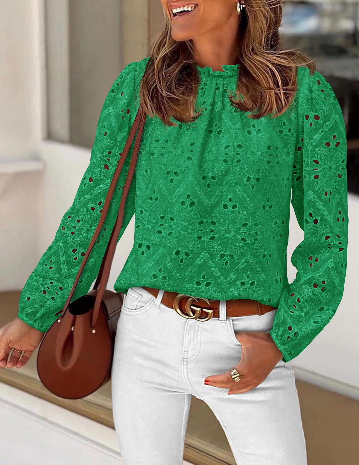 Womens Blouses Dressy Casual Embroidered Long Puff Sleeve Shirts Ruffle Eyelet Lace Top Fall Clothes