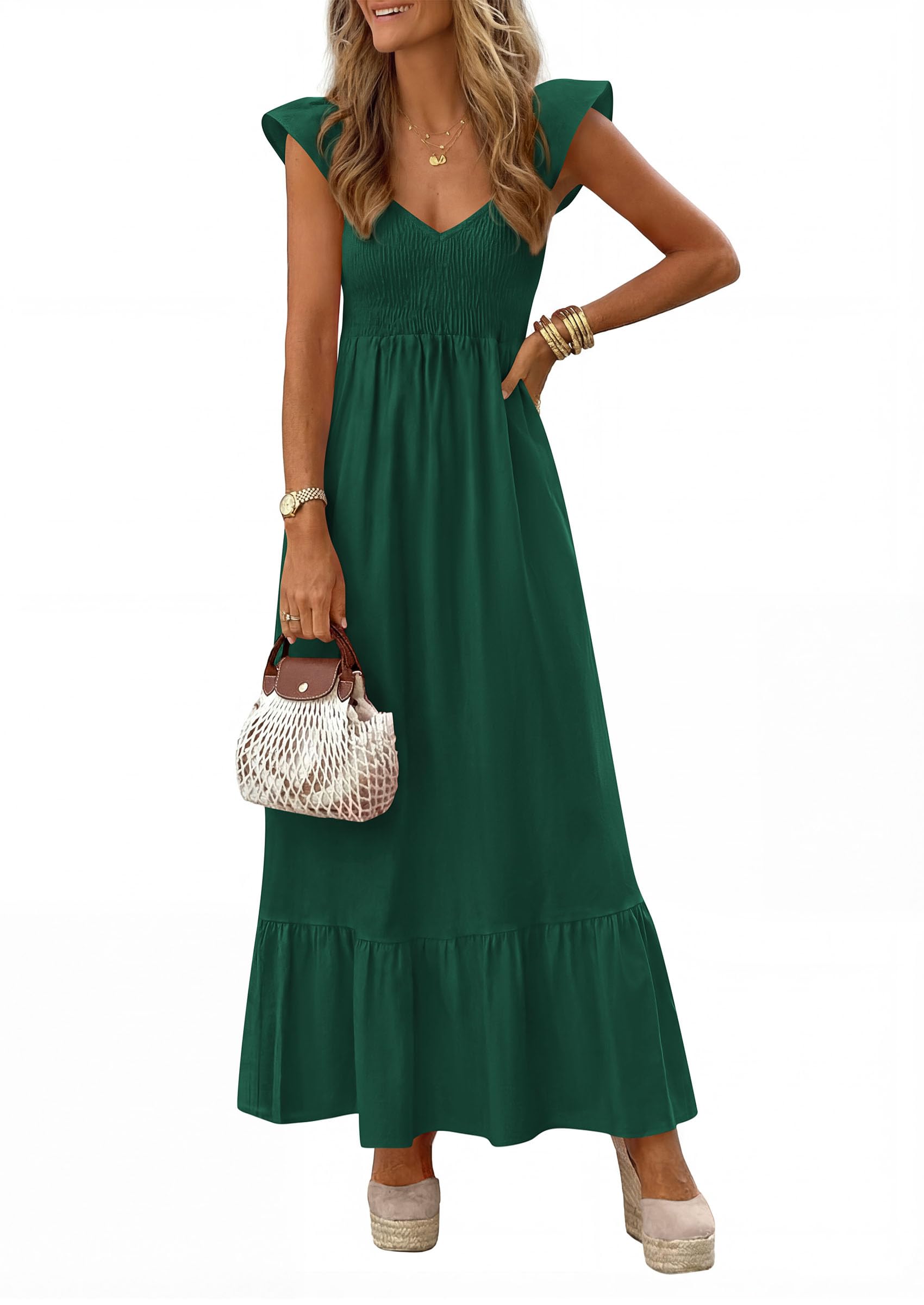 PRETTYGARDEN Women's Summer Casual Maxi Dresses Cap Sleeve V Neck Smocked Long Pockets Party Sundress Vacation Outfits PRETTYGARDEN