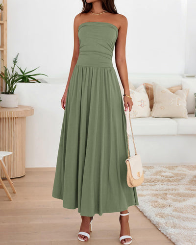 BTFBM Summer Maxi Dresses for Women Strapless Ruched Tube Top Beach Vacation Spring Wedding Guest Dress Pockets PRETTYGARDEN
