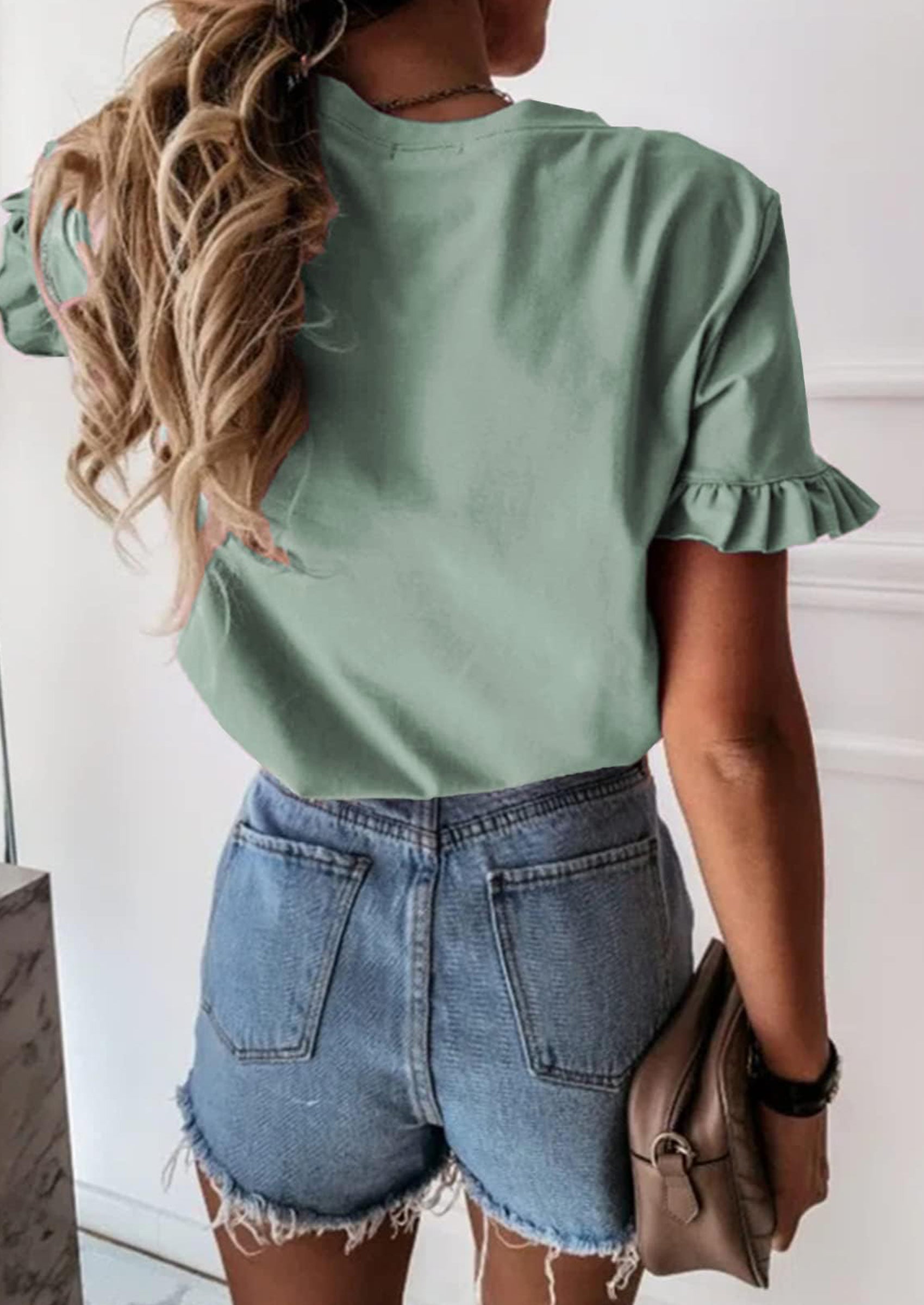 PRETTYGARDEN Women's Short Sleeve Casual T Shirts Summer Ruffle Plain Round Neck Loose Fit Tee Blouse Tops