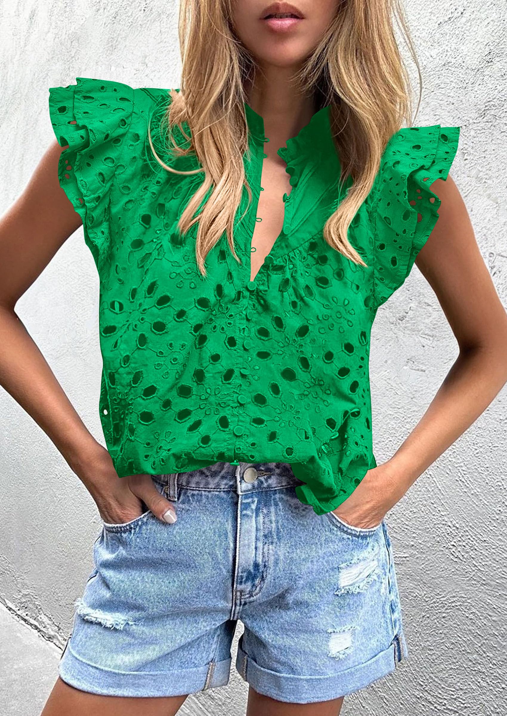 PRETTYGARDEN Womens Summer Tops 2025 Dressy Casual Ruffle Cap Sleeve Button V Neck Embroidered Eyelet Blouses Shirts