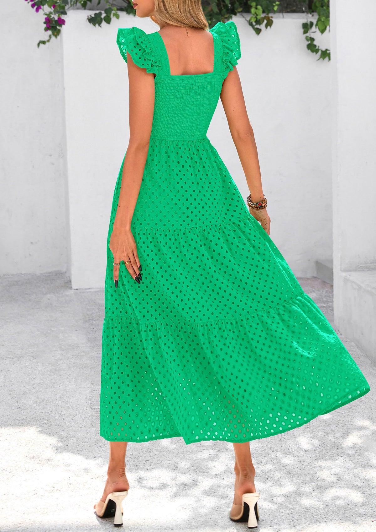 Womens Summer Square Neck Maxi Dresses Cap Sleeve Eyelet Smocked Tiered A Line Flowy Long Dress with Pockets