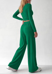 PRETTYGARDEN Women's 2 Piece Lounge Sets Matching Clothing  | V Neck Long Sleeve , Wide Leg Pants Pockets, Airport Travel Outfits, Soft Ribbed Knit, Drawstring Waist, Fall Resort Wear