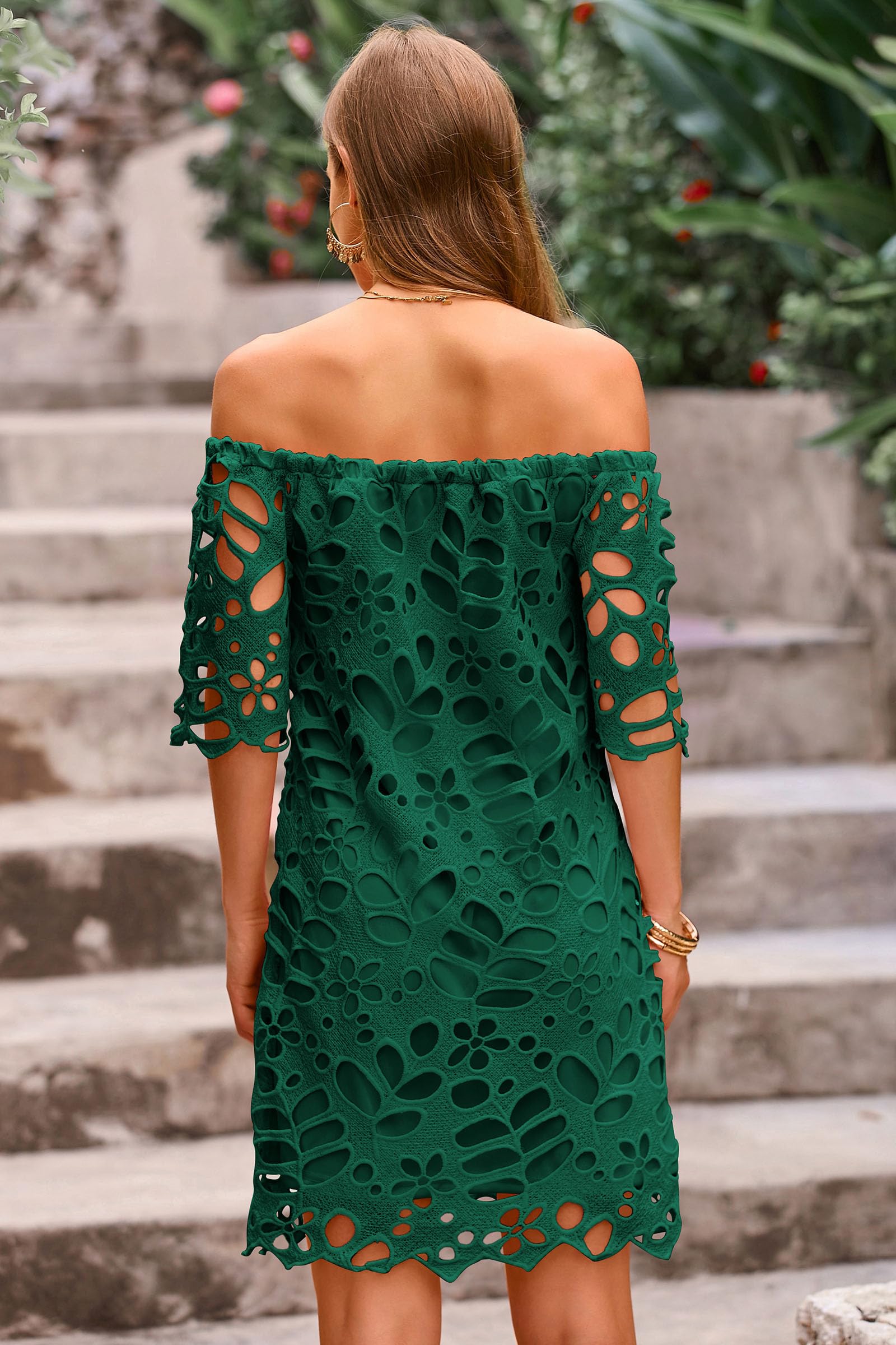 PRETTYGARDEN Women's Summer Off Shoulder Dresses Floral Lace Flare Short Sleeve Spring Vintage Elegant Mini Dress