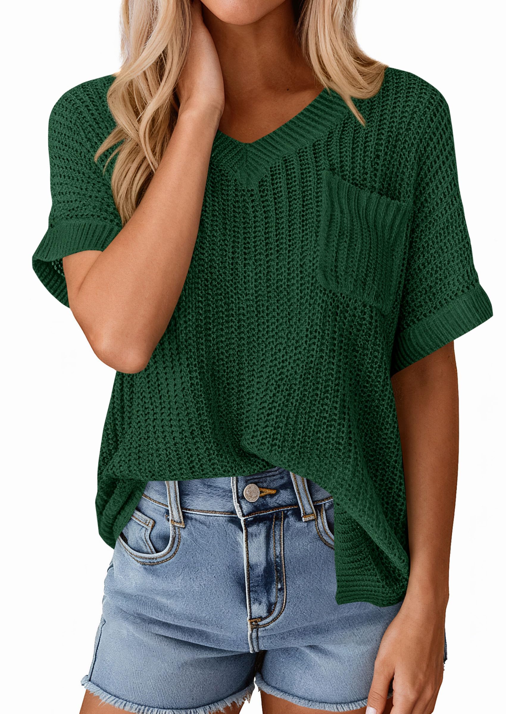 PRETTYGARDEN Women's Spring Short Sleeve Sweaters Lightweight V Neck Casual Going Out Summer T PRETTYGARDEN