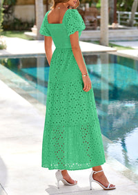 PRETTYGARDEN Dresses for Women Eyelet Square Neck Puff Sleeve Smocked Wedding Guest Maxi Dress with Pockets