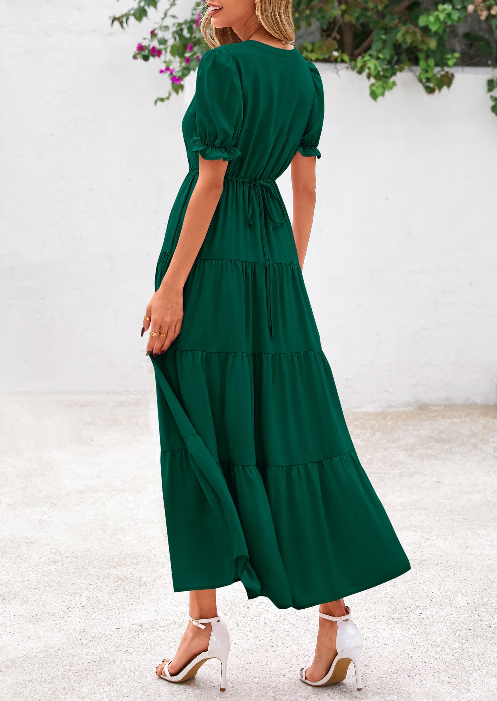 PRETTYGARDEN Women's Casual Short Sleeve V Neck Midi Dresses Spring A-line Tiered Wedding Guest Dress