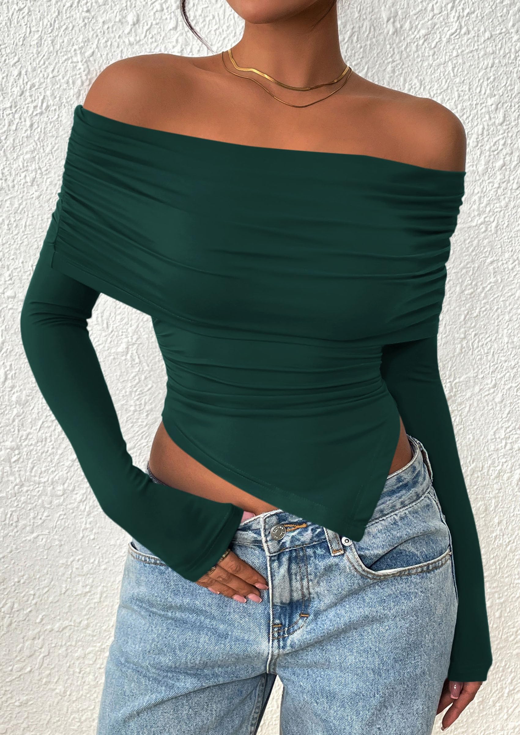 PRETTYGARDEN Women's Long Sleeve Shirts Off Shoulder Tops Going Out Slim Fitted Y2K Blouses Fall Fashion Clothes