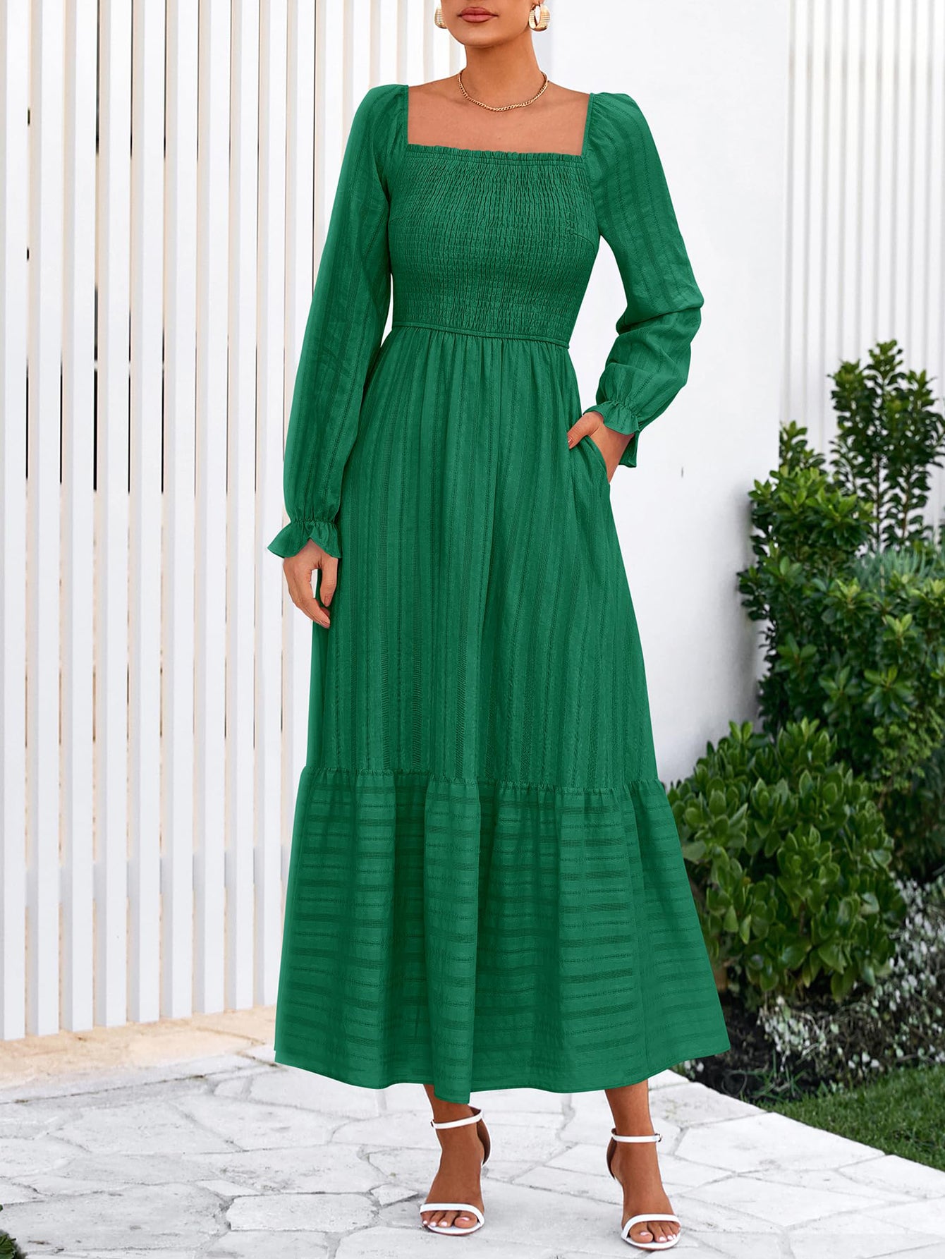 BTFBM Women Maxi Fall Dresses Long Sleeve Solid Color Square Neck Smocked Boho Long Wedding Guest Dress