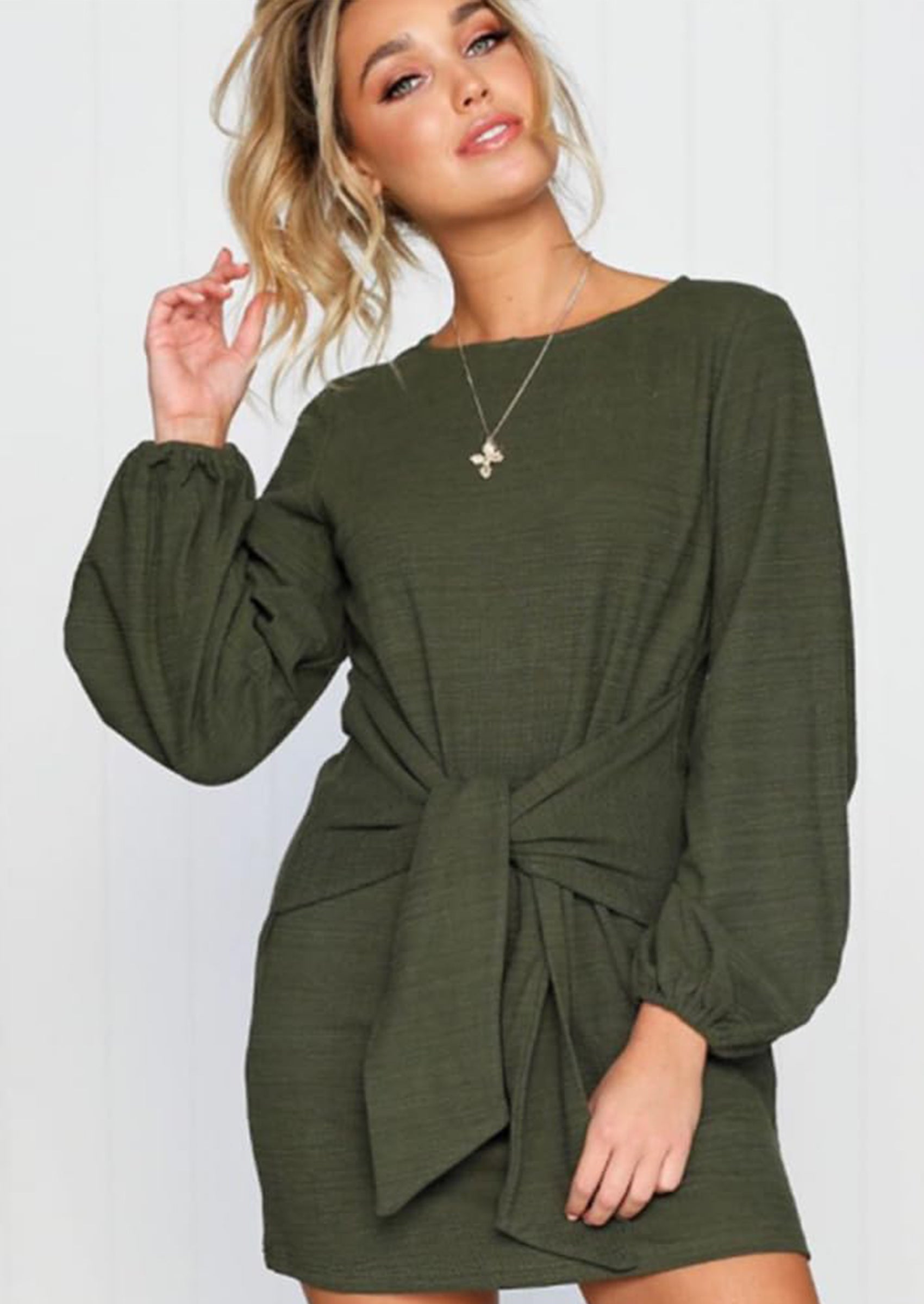 PRETTYGARDEN Womens Fall Elegant Long Lantern Sleeve Short Dress Wedding Guest Crewneck Tie Waist Knit Cocktail Dresses PRETTYGARDEN