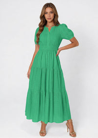 PRETTYGARDEN Womens Summer Maxi Dresses Casual Puff Sleeve V Neck Smocked Flowy Eyelet Cotton Dress Spring Sundress PRETTYGARDEN