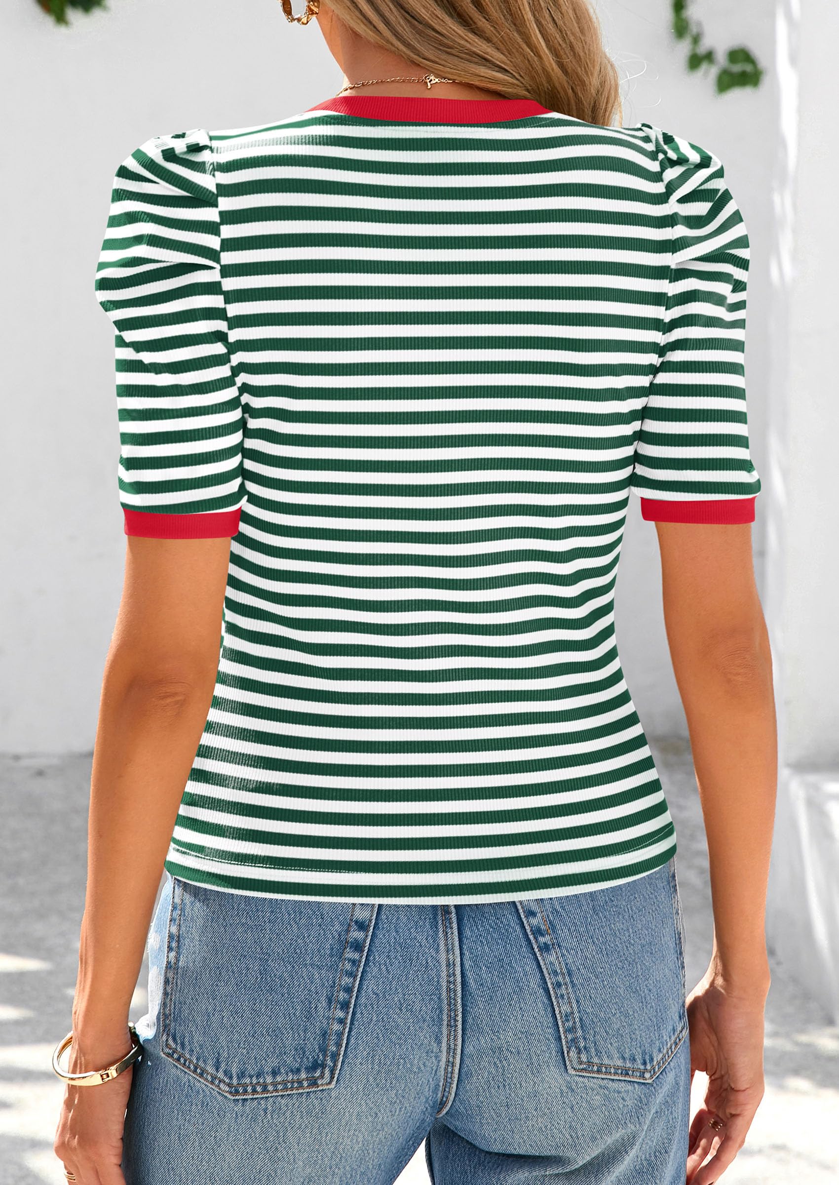 PRETTYGARDEN Women's Summer Puff Sleeve Tops Casual Ribbed Knit Crop Top Color Block Trendy Crewneck Striped Shirts