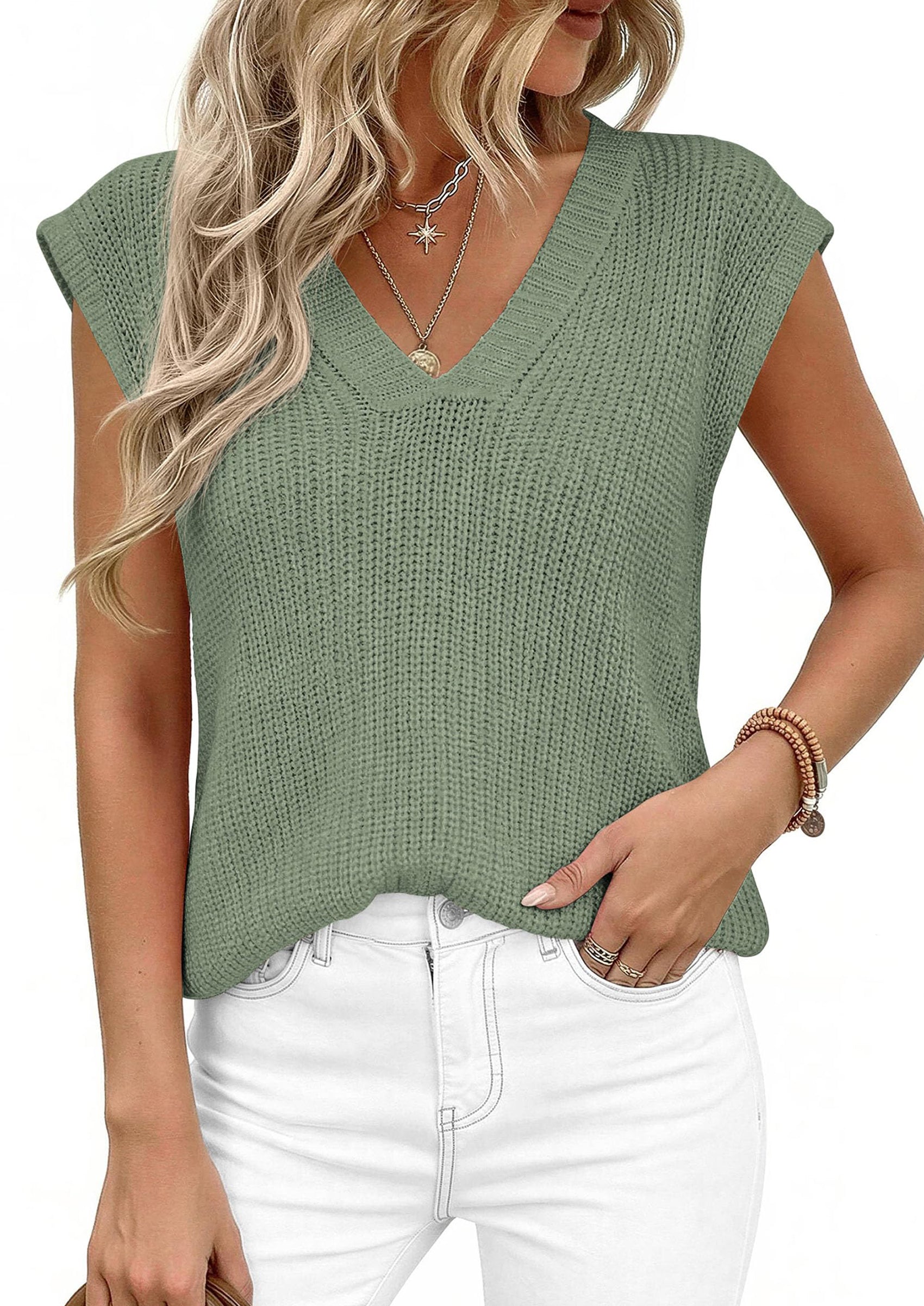 PRETTYGARDEN Women's Lightweight Sweaters Vest Spring Trendy Cap Sleeve V Neck Knit Tank Tops Summer Going Out Outfits PRETTYGARDEN