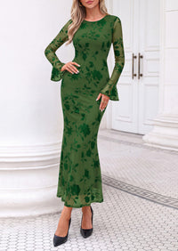 PRETTYGARDEN Women's Long Sleeve Maxi Floral Mesh Fall Wedding Guest Dress