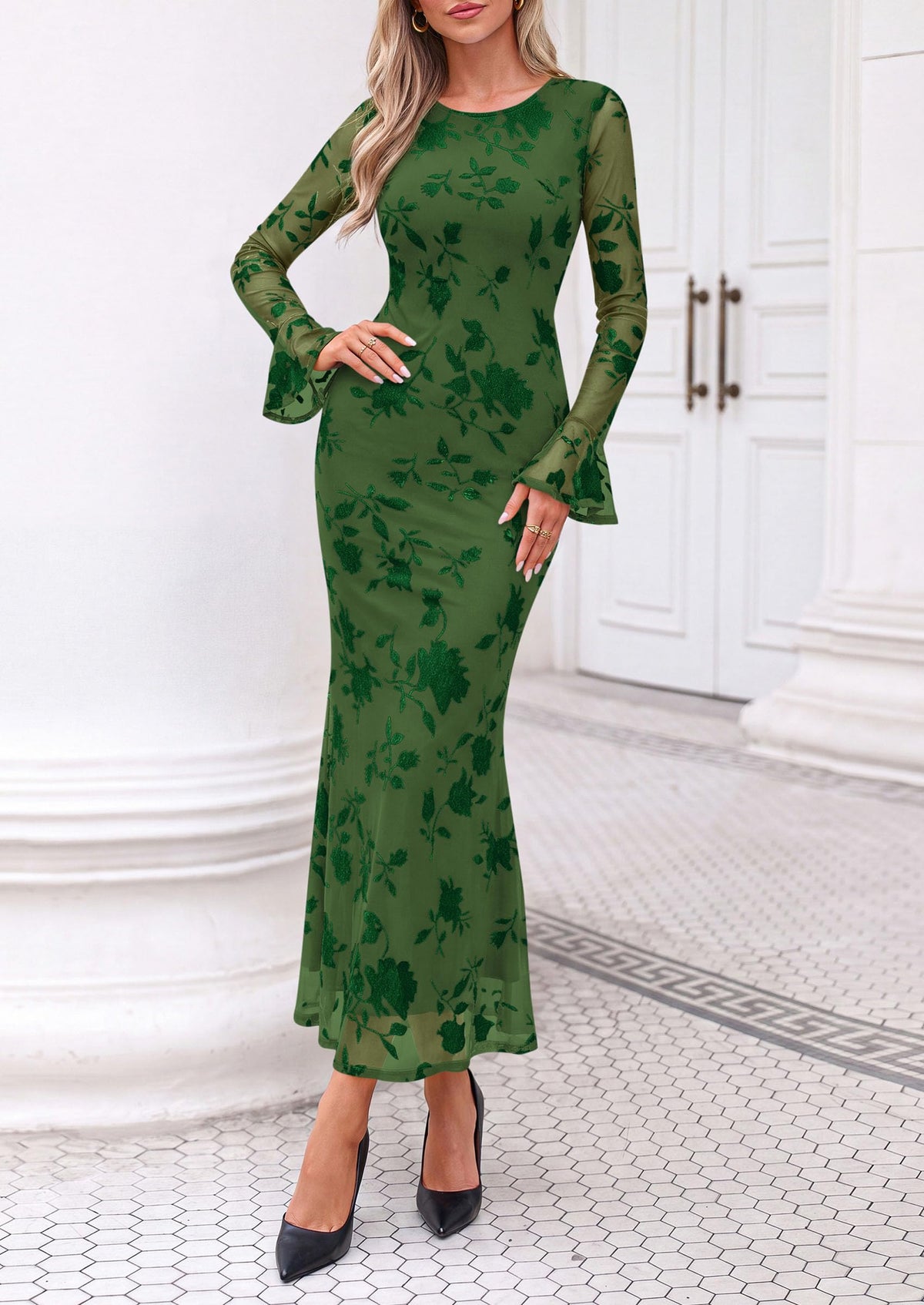 PRETTYGARDEN Women's Long Sleeve Maxi Floral Mesh Fall Wedding Guest Dress