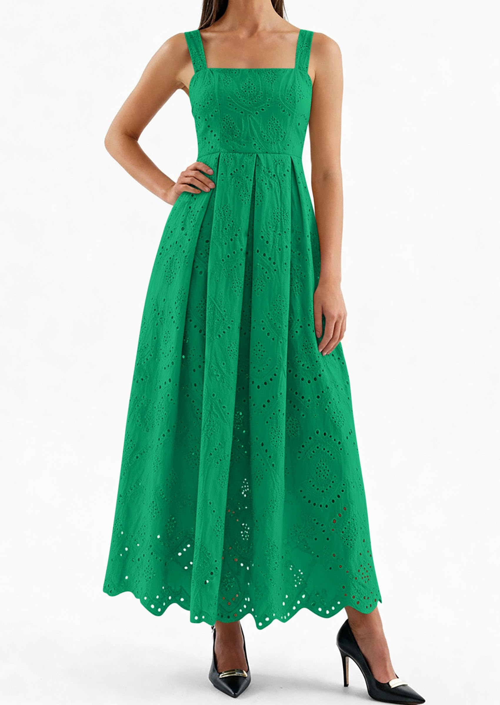 PRETTYGARDEN Womens Sleeveless Maxi Summer Dresses Hollow Out Eyelet Square Neck Ruffle Flowy Beach Vacation Sundress PRETTYGARDEN