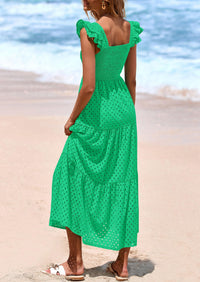 PRETTYGARDEN Womens Square Neck Maxi Dresses Cap Sleeve Eyelet Smocked Tiered A Line Flowy Long Dress with Pockets