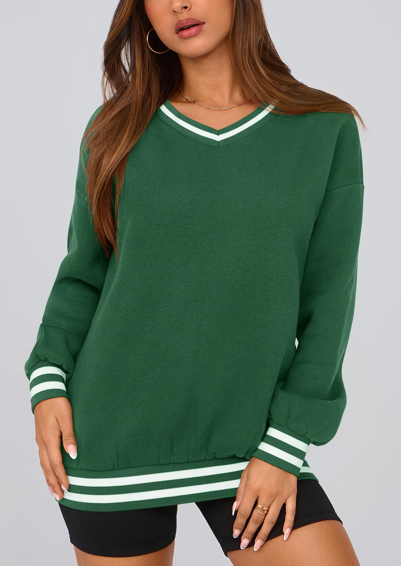 PRETTYGARDEN Women's Oversized Sweatshirts Casual Long Sleeve Stripes Knit V Neck Pullover Top Fall Teens Preppy Clothes