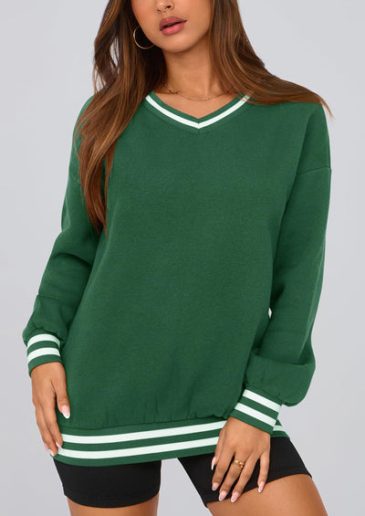 PRETTYGARDEN Women's Oversized Sweatshirts Casual Long Sleeve Stripes Knit V Neck Pullover Top Fall Teens Preppy Clothes