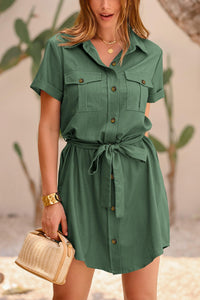 Casual Summer Short Sleeve Button Down V Neck Collared Belted Pocket Dresses