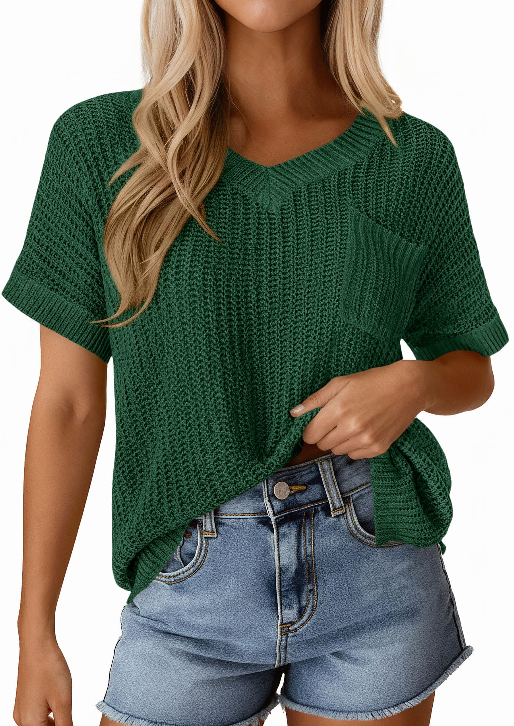 PRETTYGARDEN Women's Spring Short Sleeve Sweaters Lightweight V Neck Casual Going Out Summer T PRETTYGARDEN