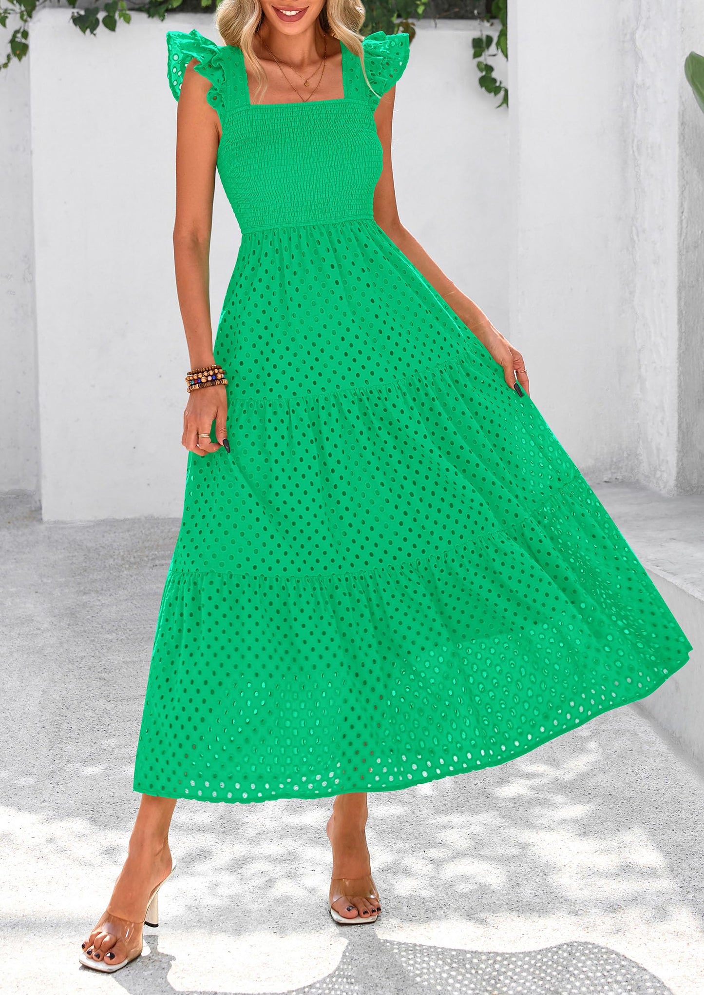 Womens Summer Square Neck Maxi Dresses Cap Sleeve Eyelet Smocked Tiered A Line Flowy Long Dress with Pockets