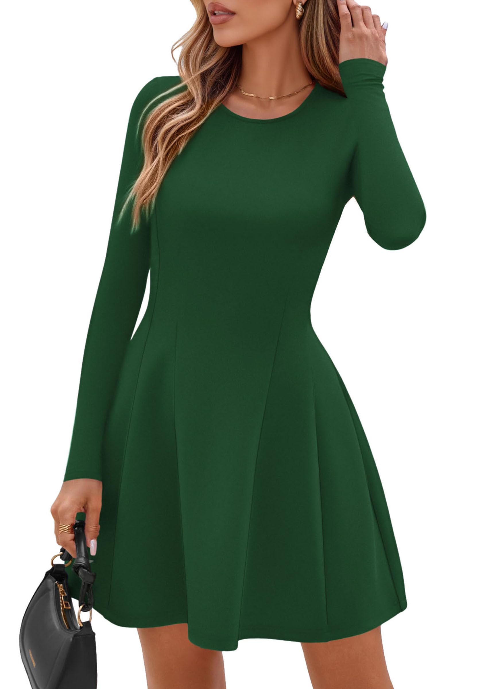 PRETTYGARDEN Long Sleeve Mini Dress for Women Fall Crewneck Knit Pleated Babydoll A Line Soft Casual Short Party Dresses PRETTYGARDEN