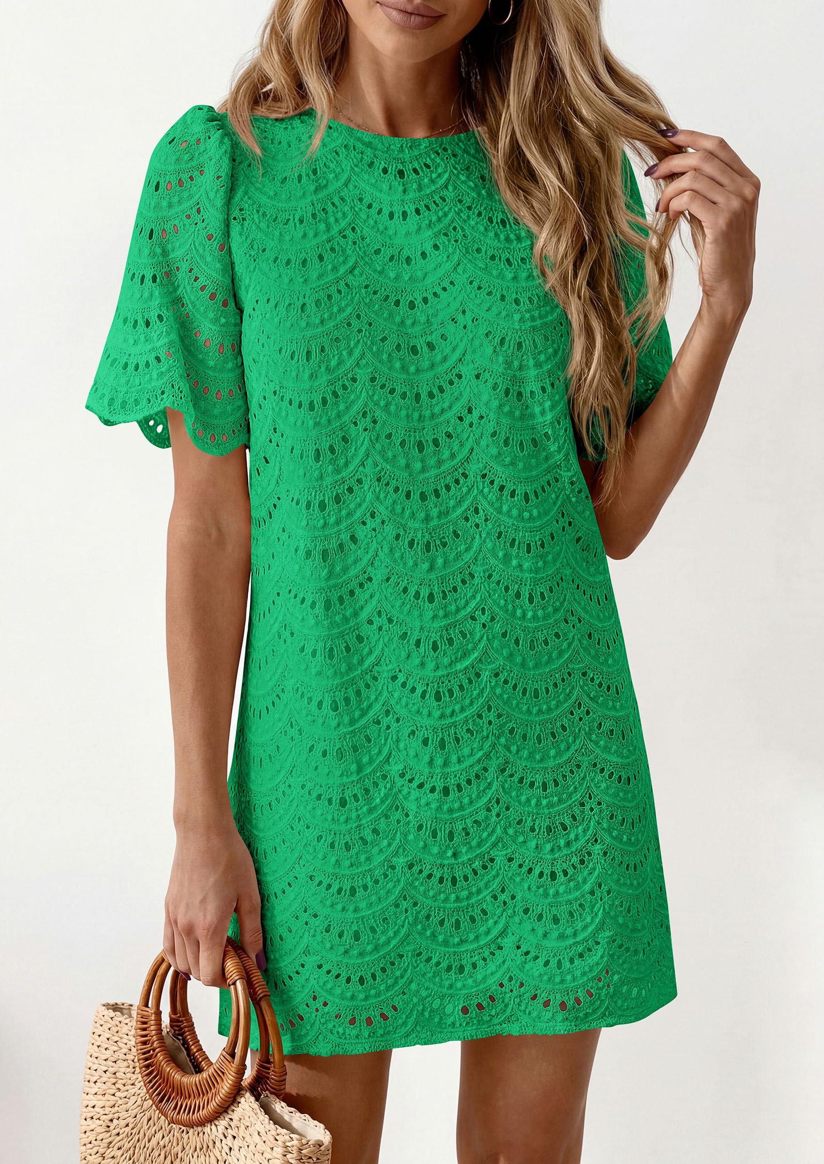 PRETTYGARDEN Women's Summer Casual Short Dresses Embroidered Lace Short Sleeve Boho Mini Dress Beach Vacation Clothes PRETTYGARDEN