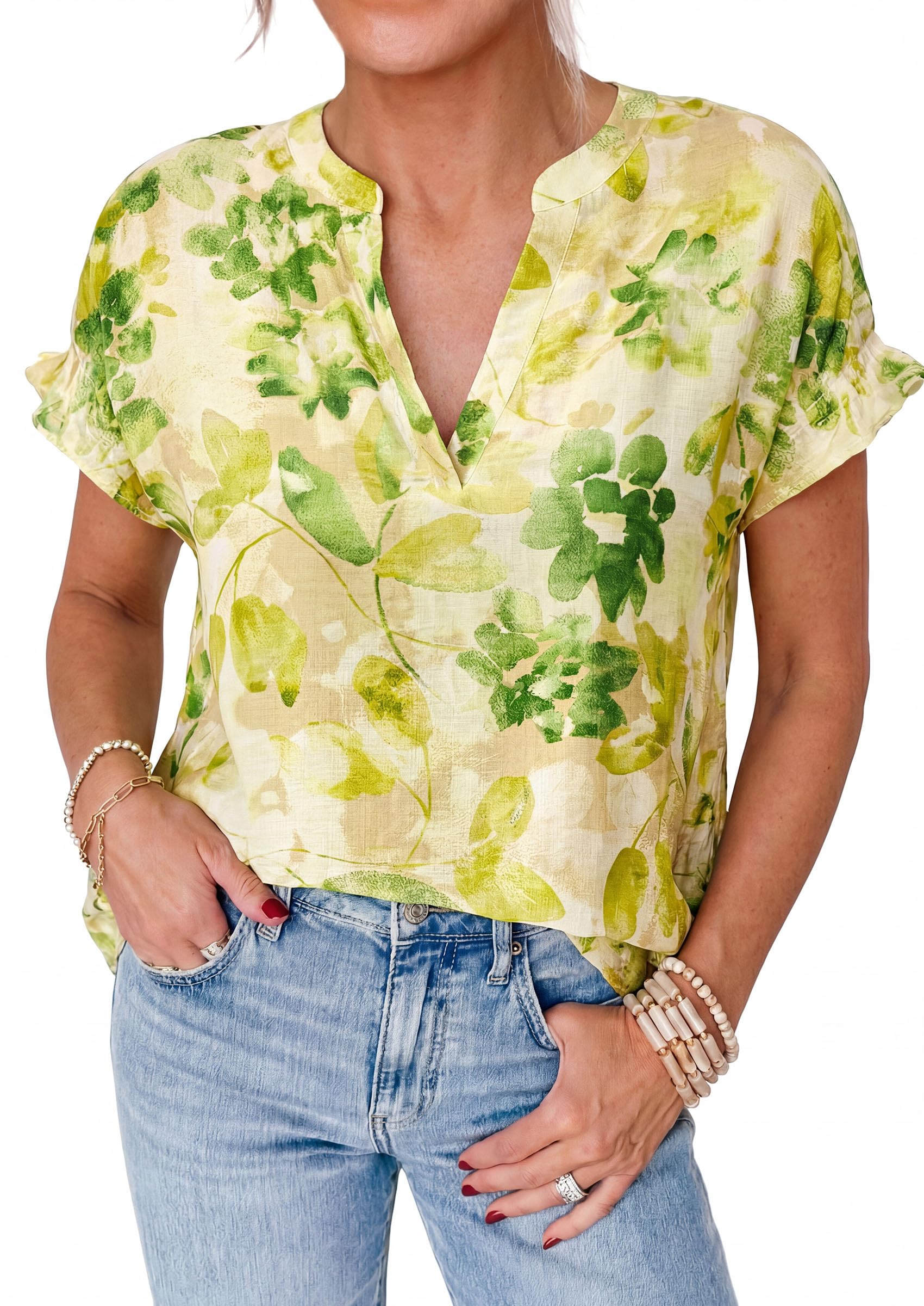 PRETTYGARDEN Womens Floral Print Short Sleeve Summer Tops Trendy V Neck Loose Boho Shirts Casual Work Blouses PRETTYGARDEN