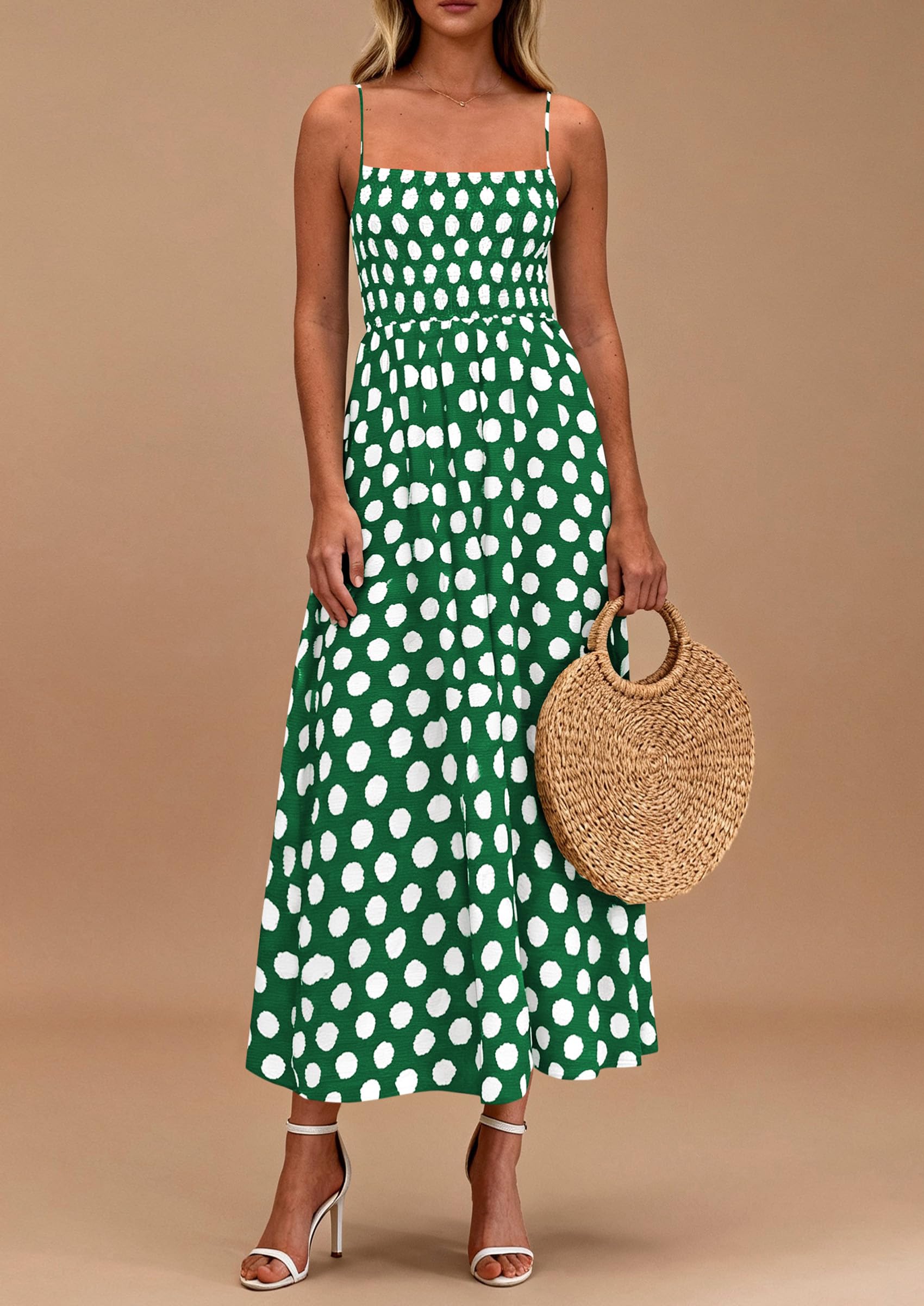 PRETTYGARDEN Womens Summer Dresses Spring Sleeveless Spaghetti Straps Casual Midi Dress Polka Dot Smocked Beach Sundress PRETTYGARDEN