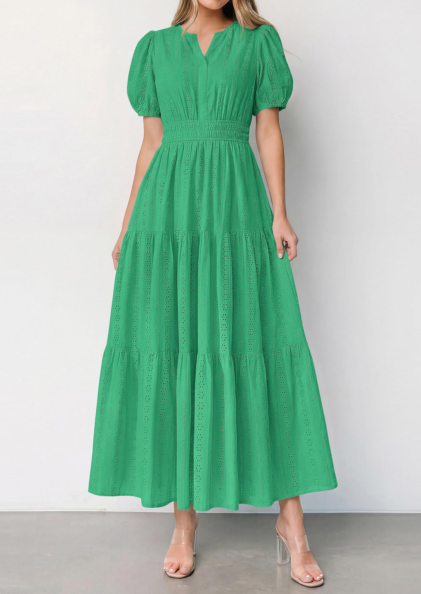 PRETTYGARDEN Womens Summer Maxi Dresses Casual Puff Sleeve V Neck Smocked Flowy Eyelet Cotton Dress Spring Sundress PRETTYGARDEN