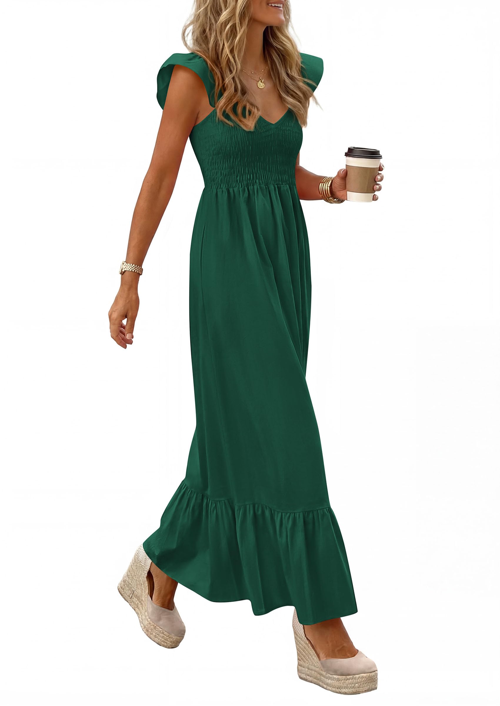 PRETTYGARDEN Women's Summer Casual Maxi Dresses Cap Sleeve V Neck Smocked Long Pockets Party Sundress Vacation Outfits PRETTYGARDEN